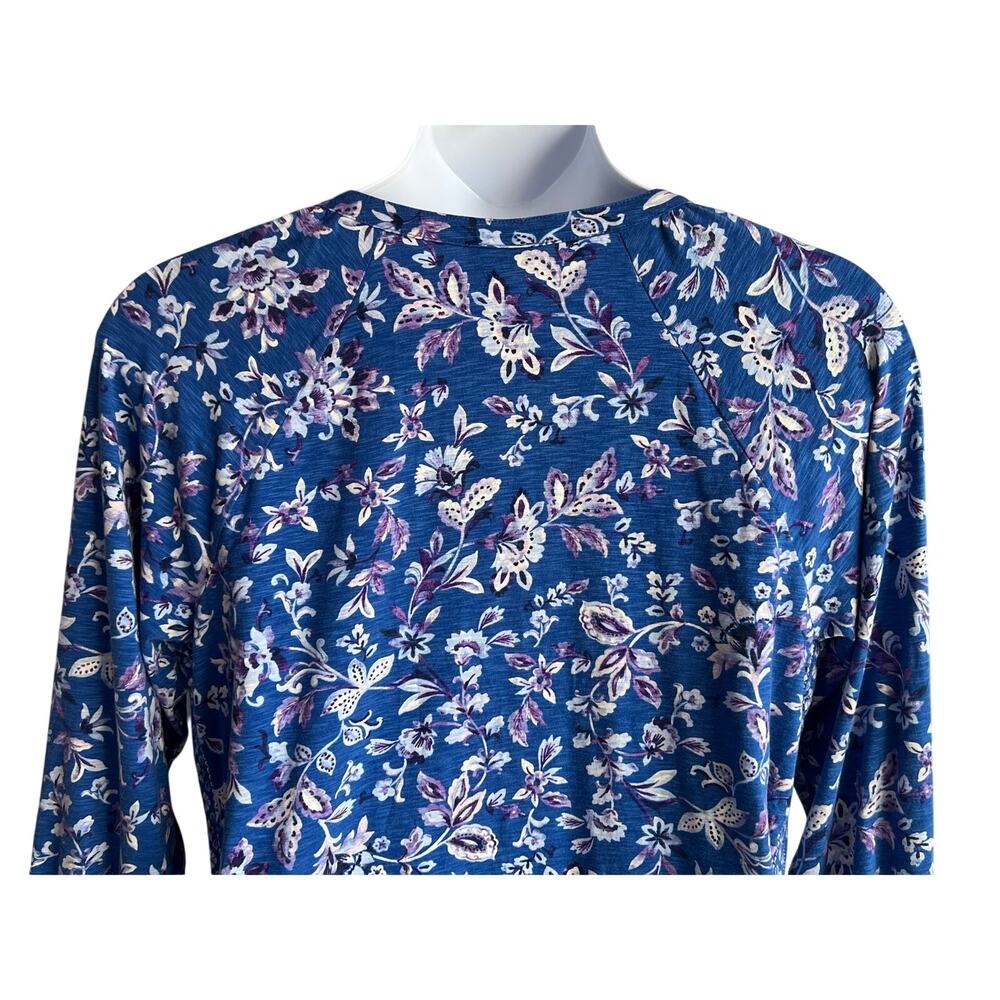 J. JILL BLUE FLORAL SPLIT V-NECK BLOUSE BOHO BORDER PRINT WOMENS LARGE TALL - Picture 7 of 11